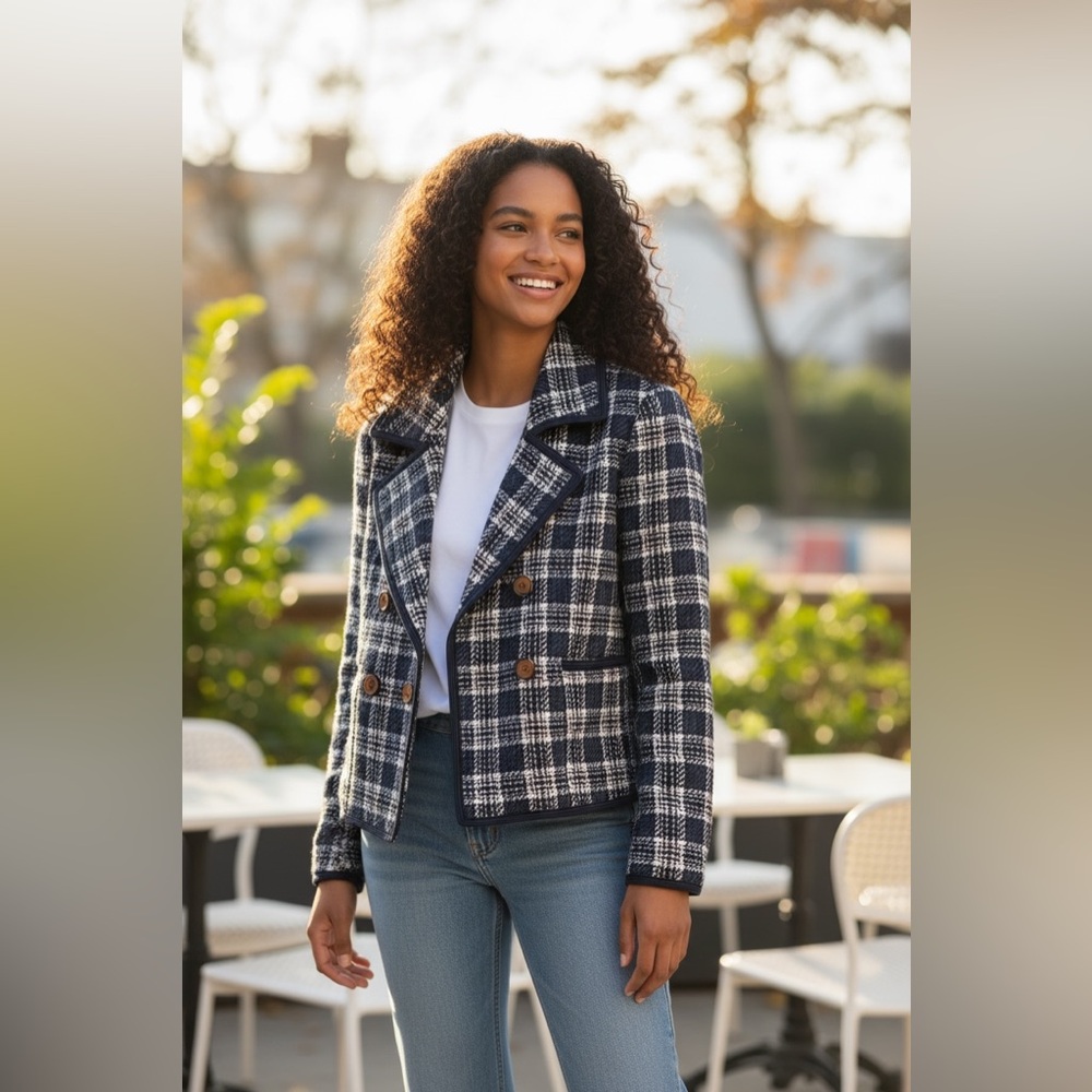 Joie Plaid Double Breasted Cropped Jacket Navy Tweed Faux Leather Trim Size M